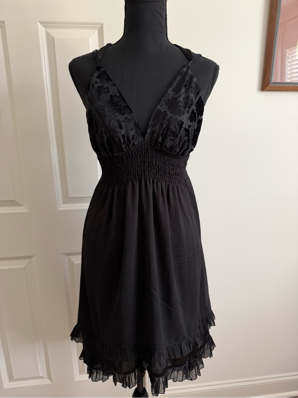 Black V-Neck Ruffled Slip Dress